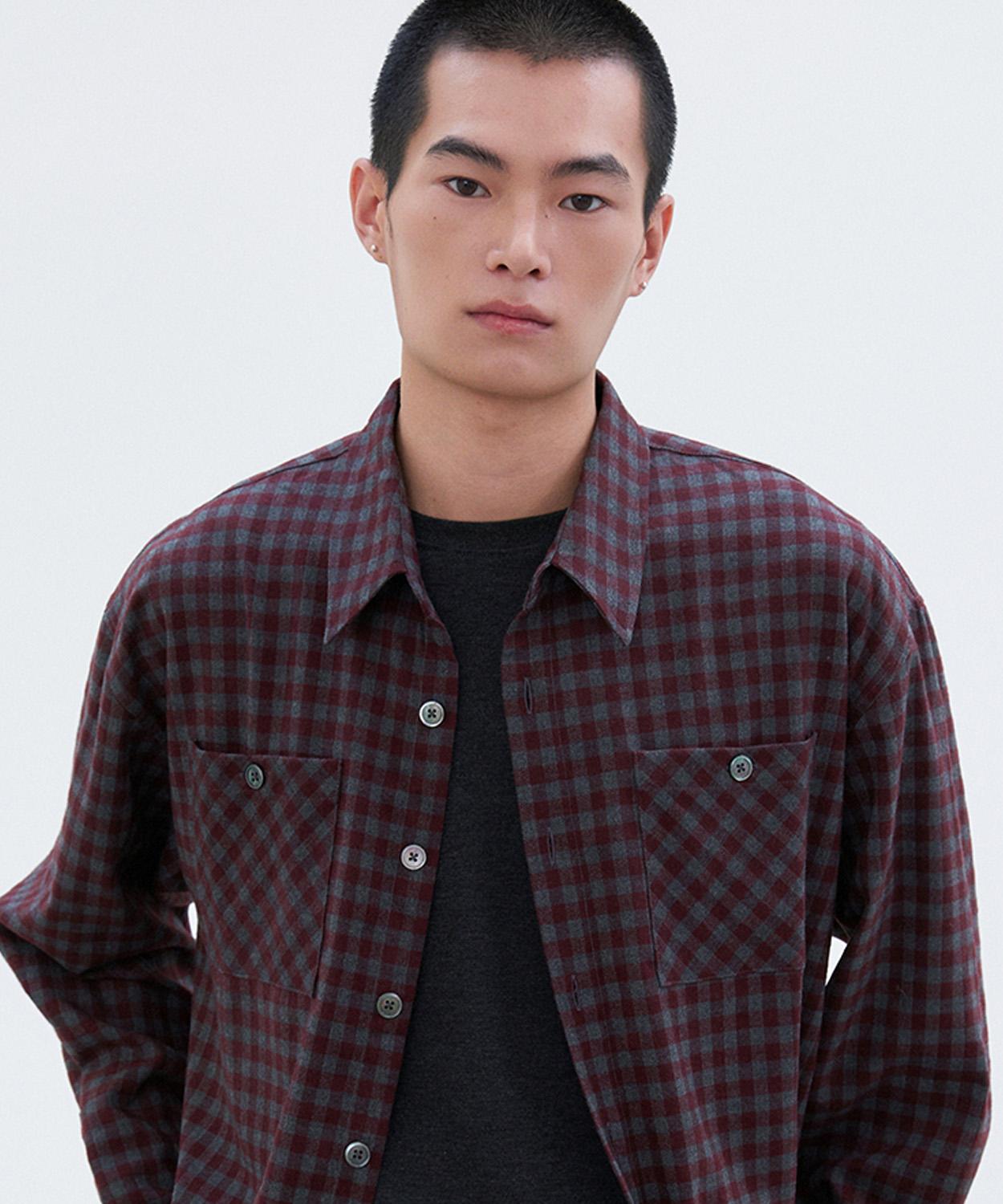 Le Art Two-Pocket Gingham Check Shirt [Wine] Wine/Xl