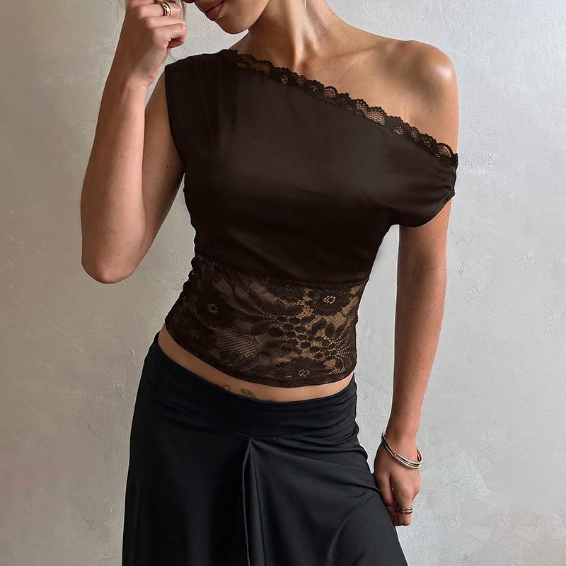 Damen Sexy Spitze Patchwork Schlanke Passform Ärmellos Schräger Kragen Einfarbiges T-Shirt Top
