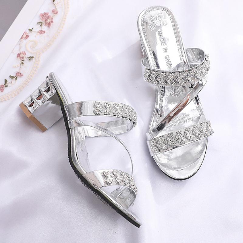 Luxury Designer Shoes New Women's Sandals Heeled Sandals Female High Heels Rhinestones Luxury Party Shoes Slip on Women Slippers