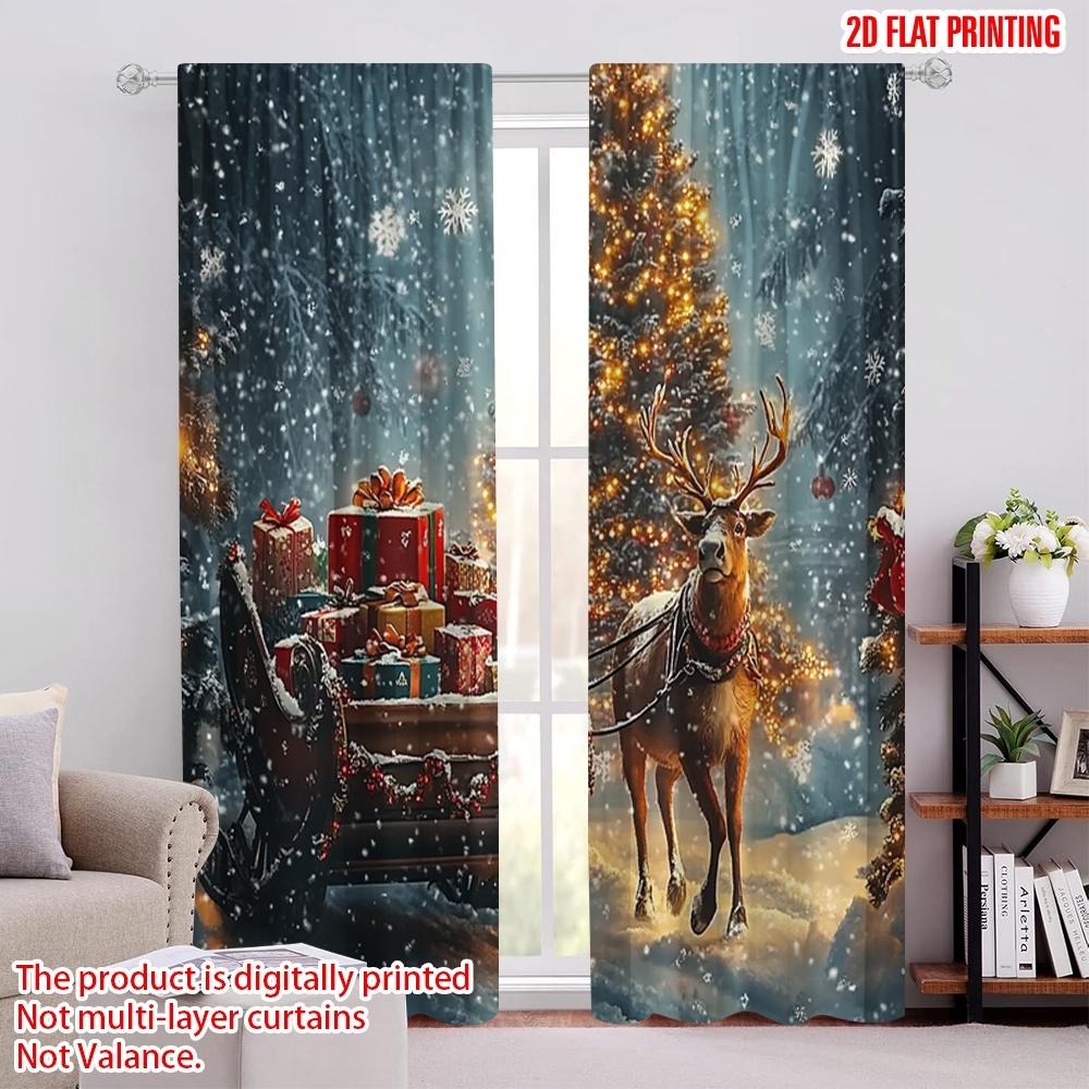 

Set Of 2 Plane Printing Curtain Fabric Christmas Tree Sleigh Reindeer Snow Polyester Without Rod Decorations Home Curtains Made W100*H70(CM)-Grommet top&2PCS