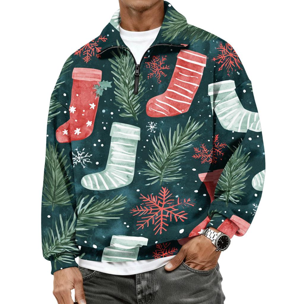 Men's Casual Flannel Quarter-Zip Long Sleeve Sweatshirt with Christmas Print