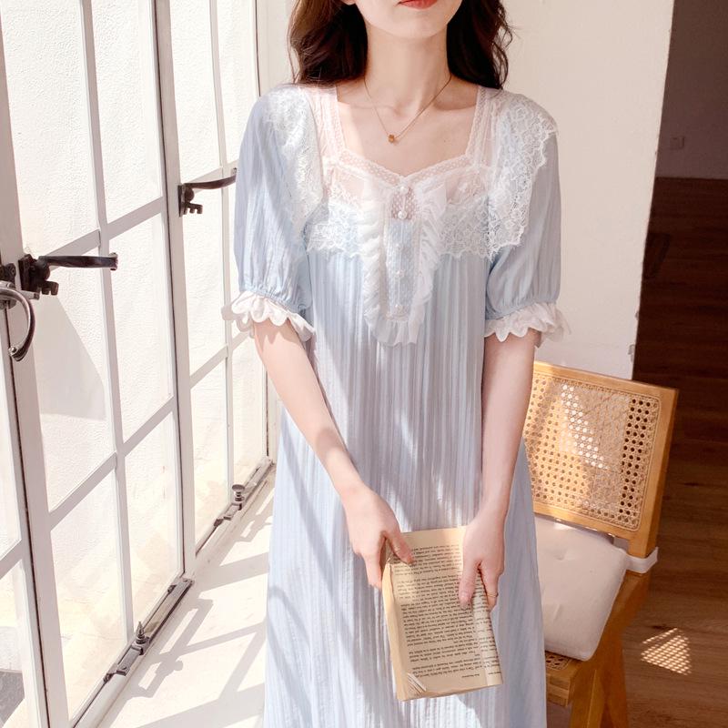 Women's French Court-Style Nightgown with Built-In Bra, Summer Princess Pajamas, Pure Cotton Long Dress, Loungewear