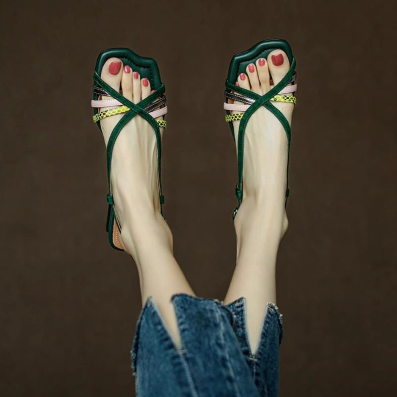 Women's Fashion Round Head Open Toe Cross Thin Metal Buckle Non-slip Square Heel Shoes Matching Color Low Heel Sandals