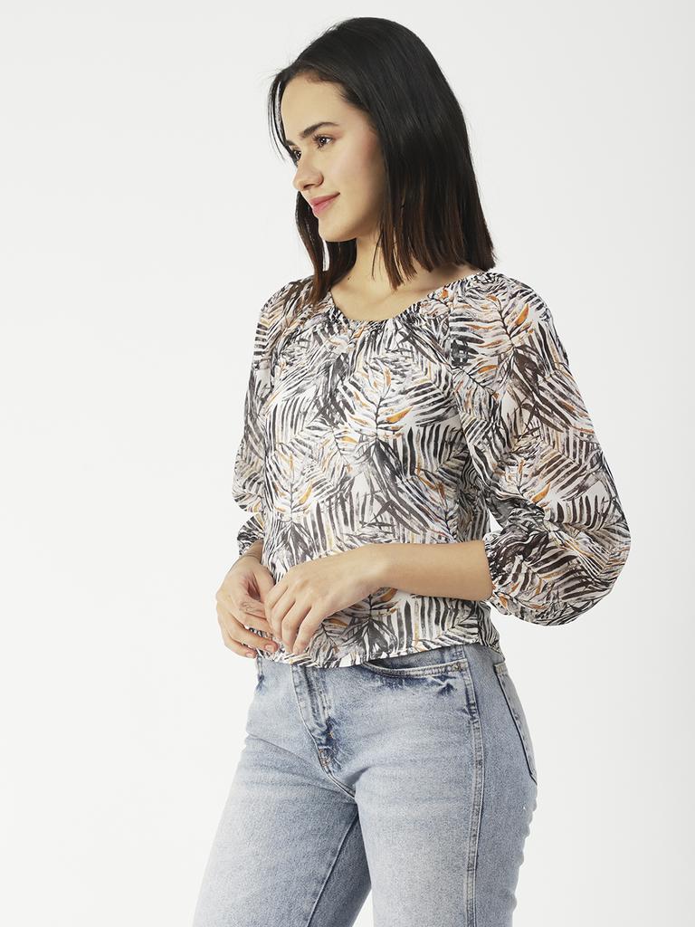 Moomaya Printed Top Round Neck Sheer Long Sleeve Tops For Women