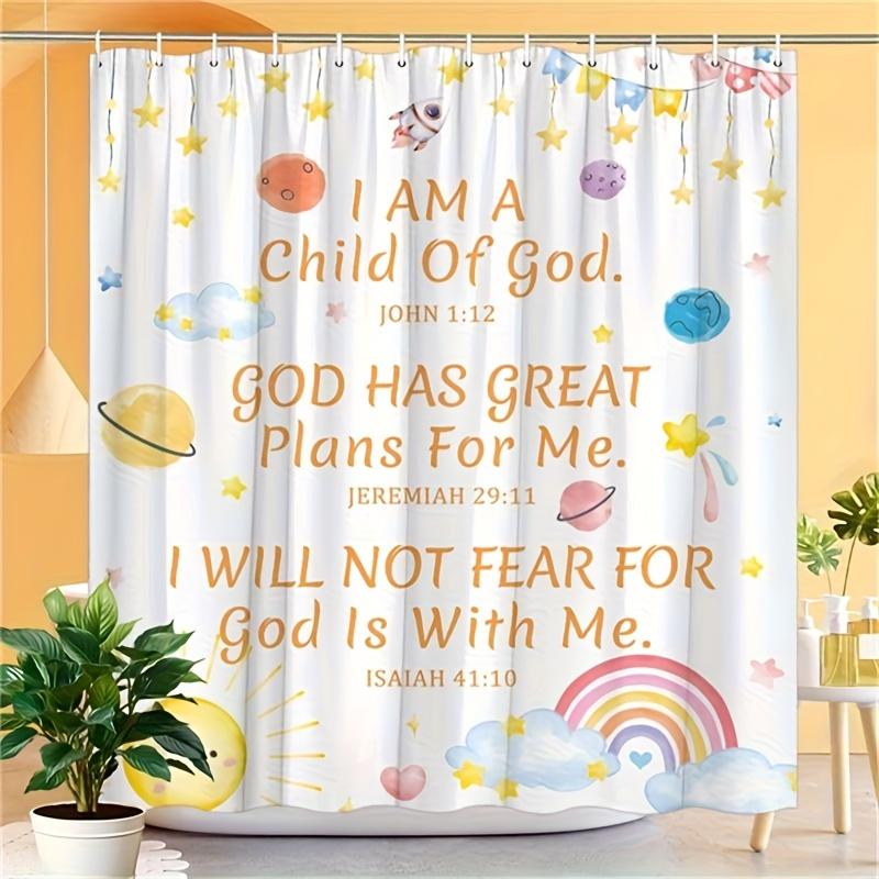 1pc Inspirational Scripture Shower Curtain  I Am a of God  with Stars, Planets, Rainbows And Fantasy Design - Joyful Bathroom 90x180cm35x71in