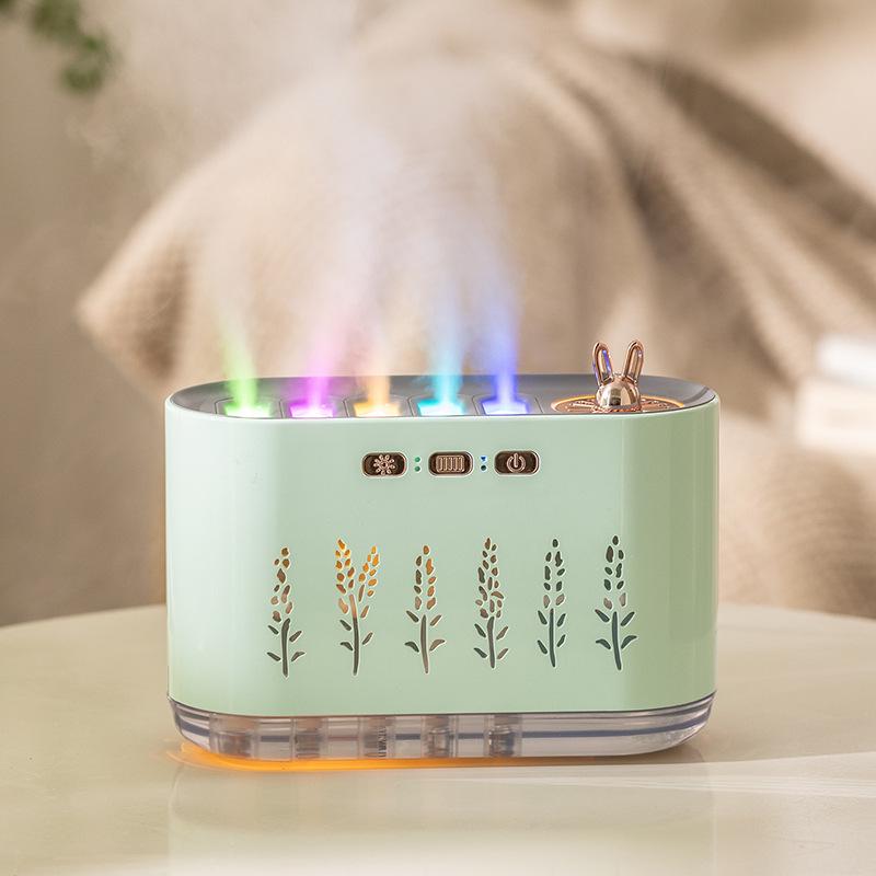 

Silent Bedroom Aromatherapy Humidifier with Five-Hole Spray & Seven-Color Sound-Control Sound-Controlled Lavender Aromatherapy Humidifier