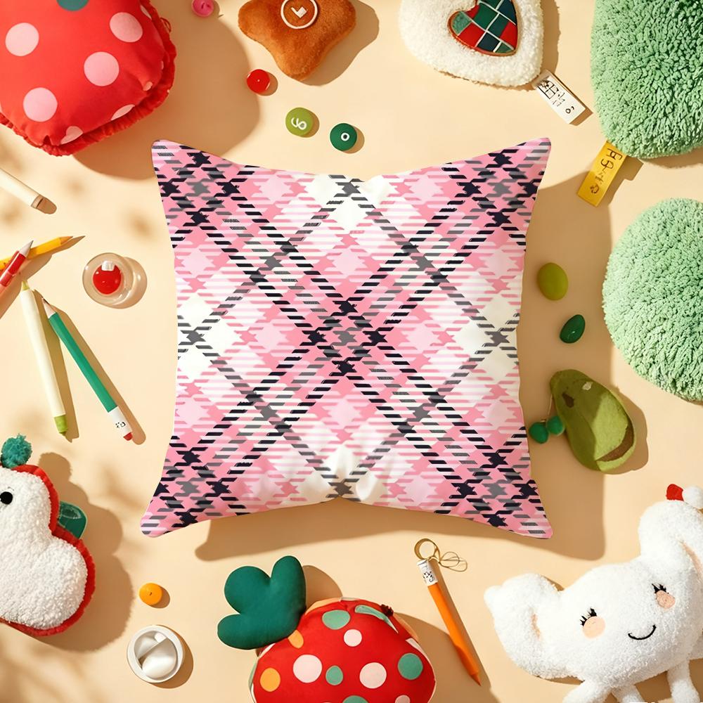 Classic Pink Plaid Cushion Cover Soft Short Plush DoubleSided Printing Home Decor Machine Washable Pillow Case Gift