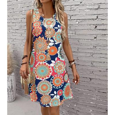Women's Magical Flowers Printed Sleeveless Round Neck Dress Loose Soft and Comfortable Plus Size Dress