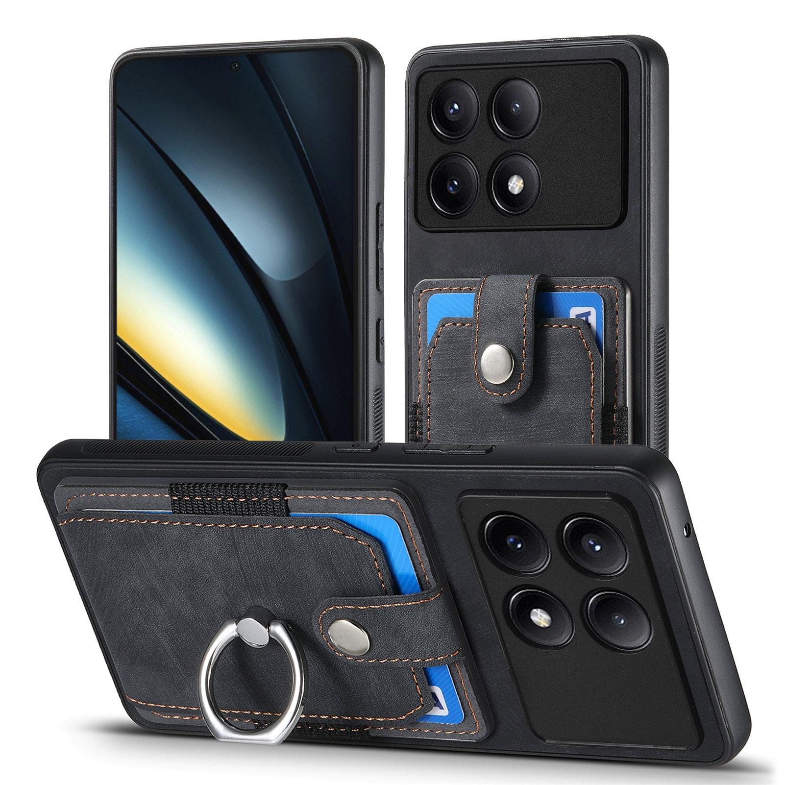 

D2 For Xiaomi Poco F6 Pro 5G Retro Case Ring Holder Kickstand Leather+TPU Non-Slip Protective Cover Card Slots Black