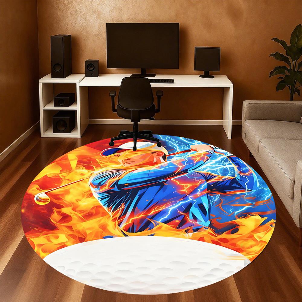 1PC Golf Fire Round Chair Mat Area Rug - Non-Slip, Floor Mat for Office, Bedroom, and Indoor Decor -Gift D1127232
