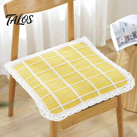 Thin Seat Pad for Home Cotton Linen Chair Pad, Striped Plaid Dining Mat with Lace Trim, Lightweight Wood Chairs Breathable Ties Office Barstool