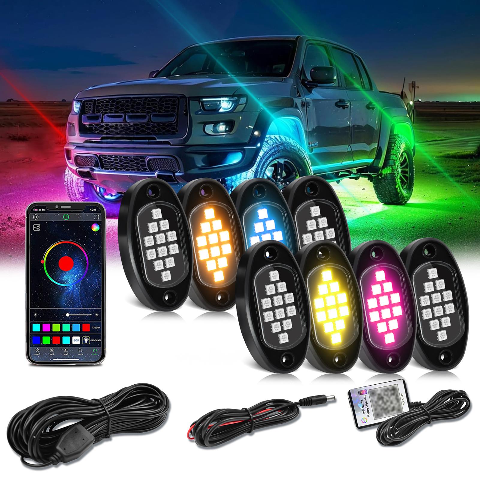 

RGB Подсветка под днище автомобиля, Многоцветный светодиодный комплект подсветки под днище с управлением через приложение, 8 модулей подсветки