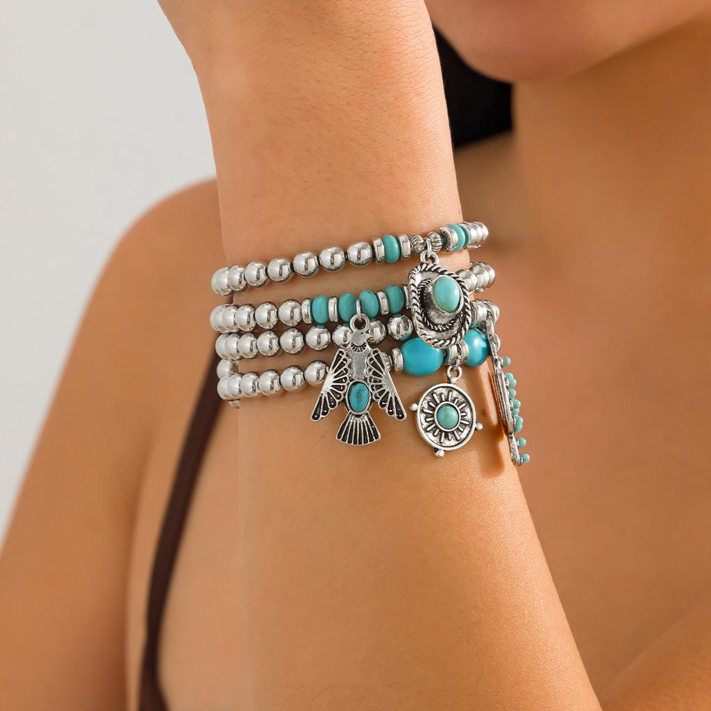 Retro Ethnic Style Bull Head Pendant Bracelet Set, Bohemian Flower Plate Turquoise Beaded Jewelry.