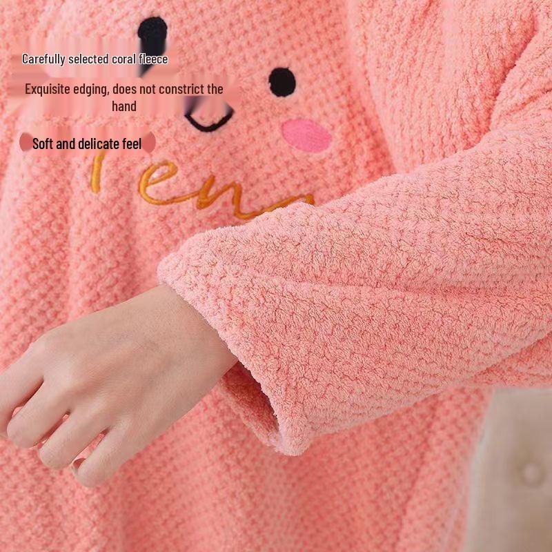 Women's Coral Fleece Bathrobe Set: Long Sleeve Bath Dress and Hair Drying Cap