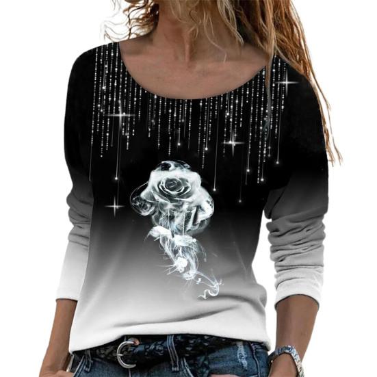 3D Rose Print Gradient Color Women Blouse Long Sleeve Broken Line Rhinestone Autumn Blouse Streetwear