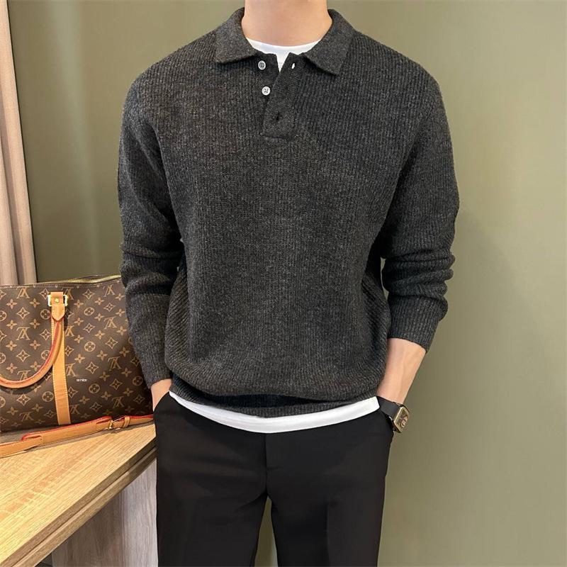 Men s Retro Knit Sweater - Stylish, Casual Lapel Design for Autumn/Winter M чёрный