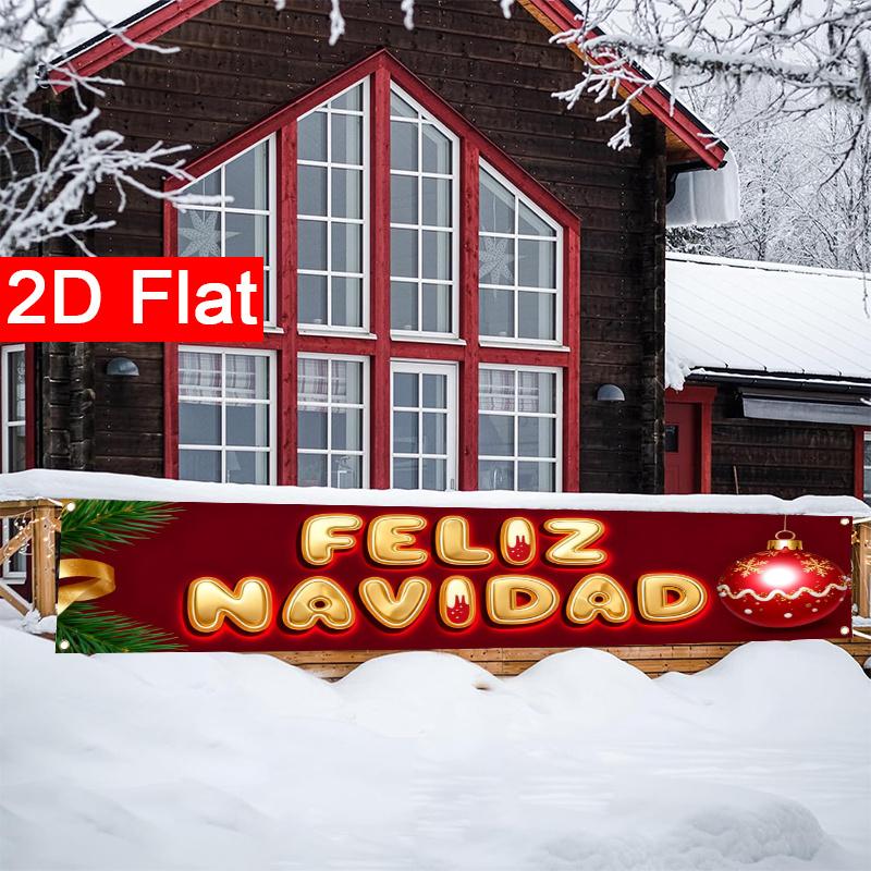 Spanish Christmas Banner, Red & Golden Spanish Lettering Design, Durable Polyester Outdoor Porch Fence Garden Party No Electricity Decoration