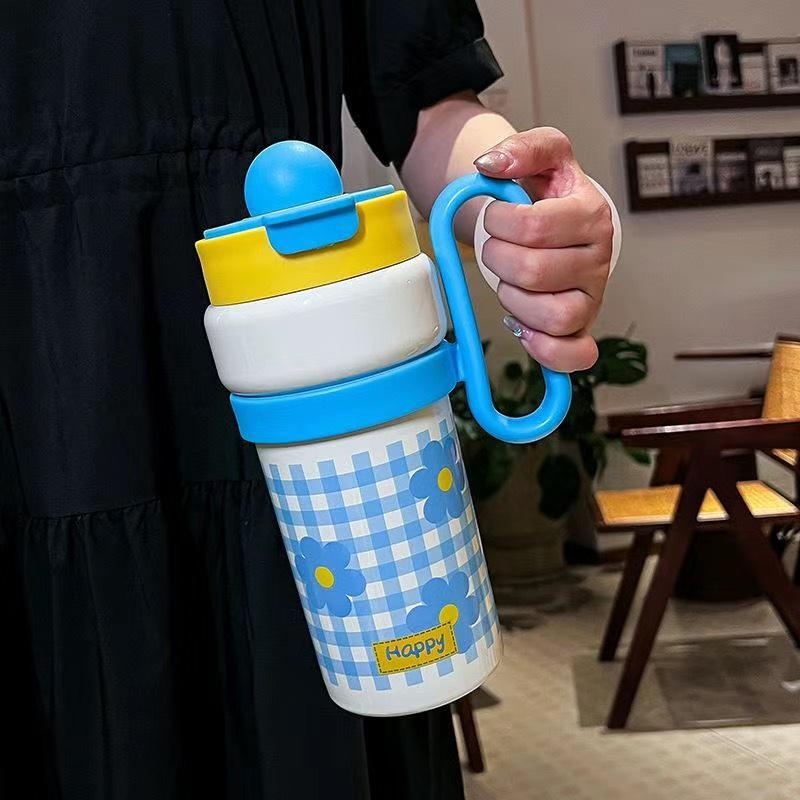 

Cartoon Big Mac 316 Stainless Steel Thermos with Handle and Straw, Large Capacity, Double-Sealed Portable Cup 900ml синий