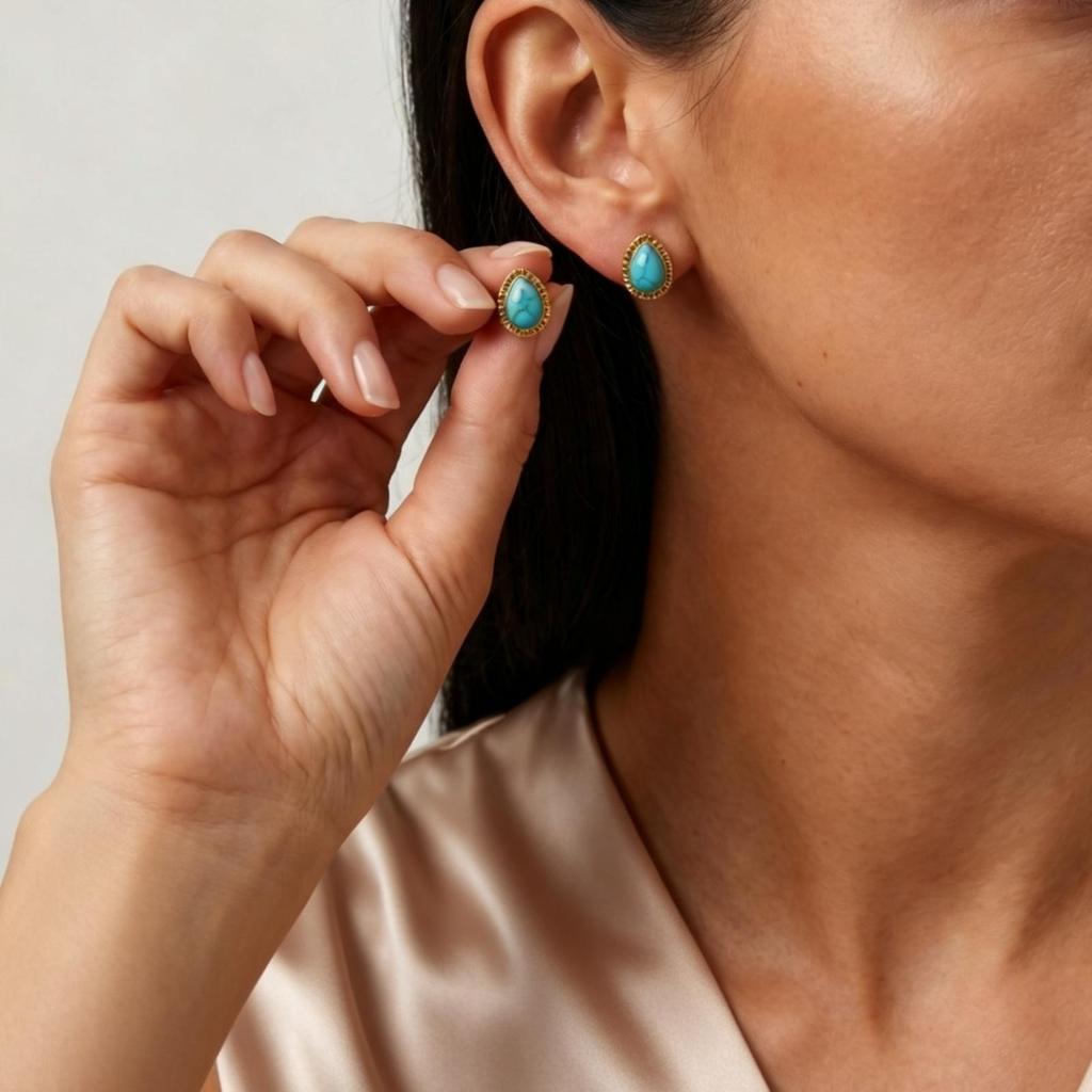 Fashion Water Drop Shape Turquoise Stud Earrings Gold Plated Women's Stainless Steel Water Droplets Earrings Hip Pop Jewelry