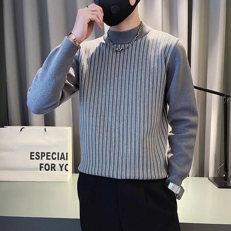 Half Turtleneck Sweater Men's Autumn Winter Striped Base Knitted Top New Men's Top Jacket