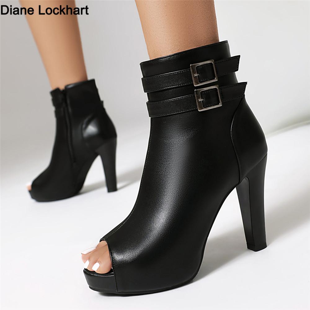 Fashion Fashion Women Platform Ankle Boots Sexy Peep Toe High Heel Boots Pumps Female Buckle Zipper Summer Boots Black White Pink 32-43