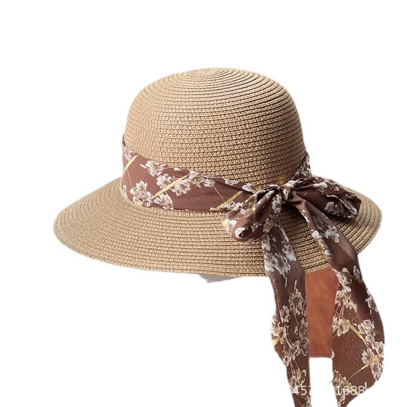 Bow Ribbon Woven Straw Hat Women's Summer French Hepburn Wind Shade Sunscreen Hat Casual Beach Sun Hat