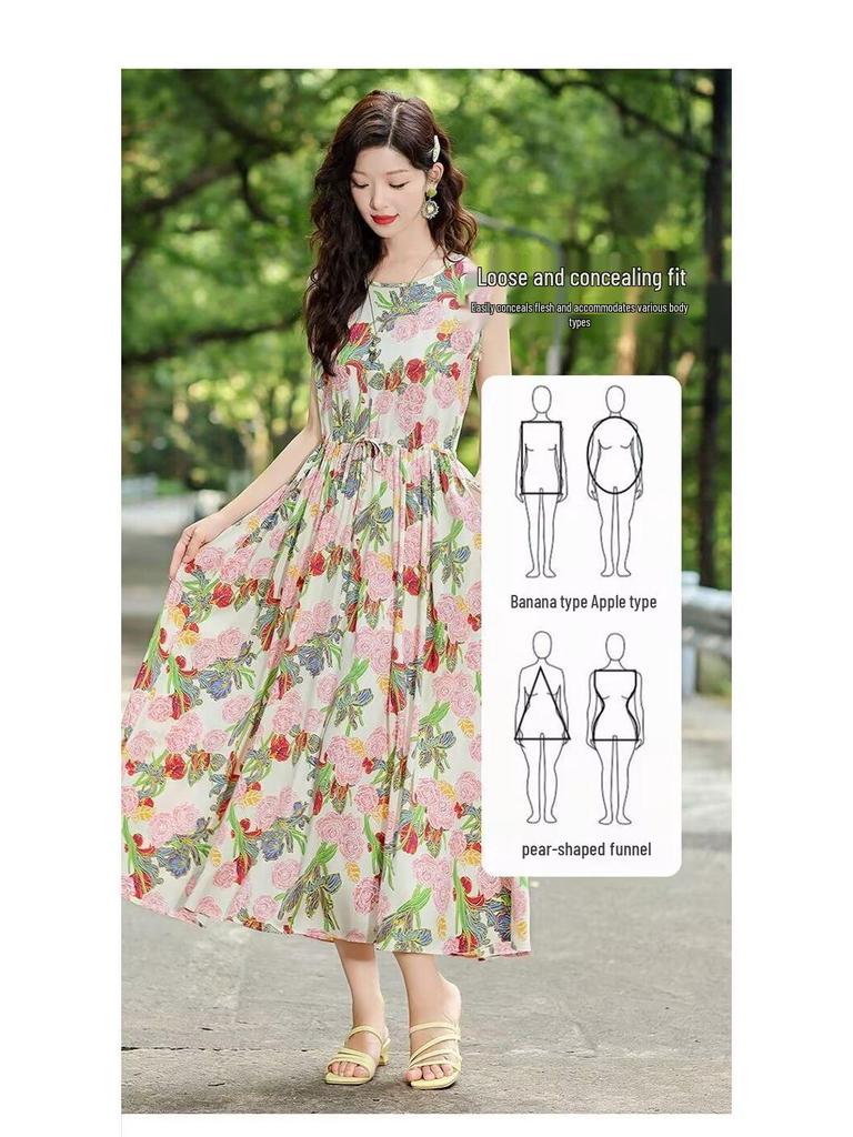New Summer Floral Cotton-Silk Sleeveless Dress - Plus Size, Loose Fit, Slimming, Vacation Style Mom’s Long Dress
