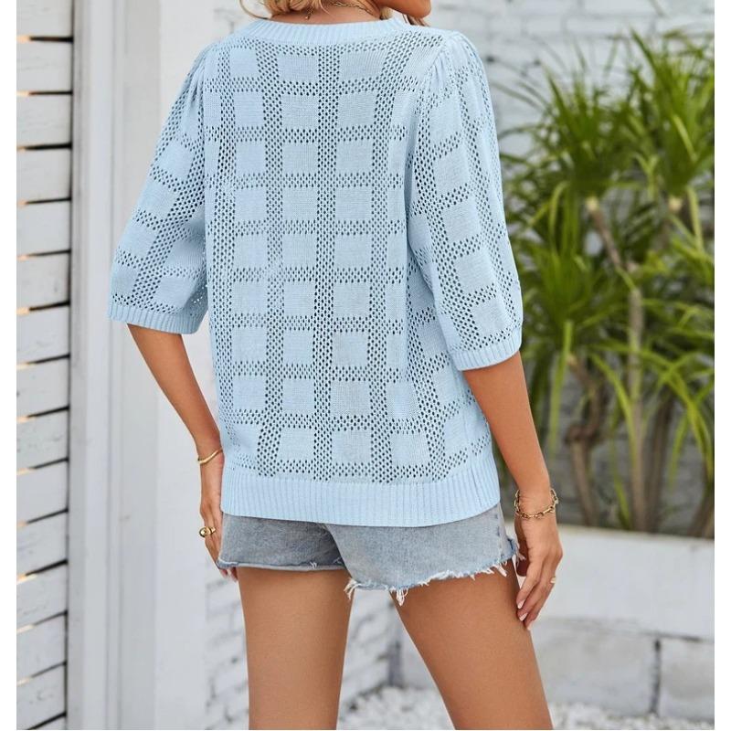 Neuer Sommer Damen Rundhals Hohl Sonnenschutzkleidung Gestrickter Pullover Bluse