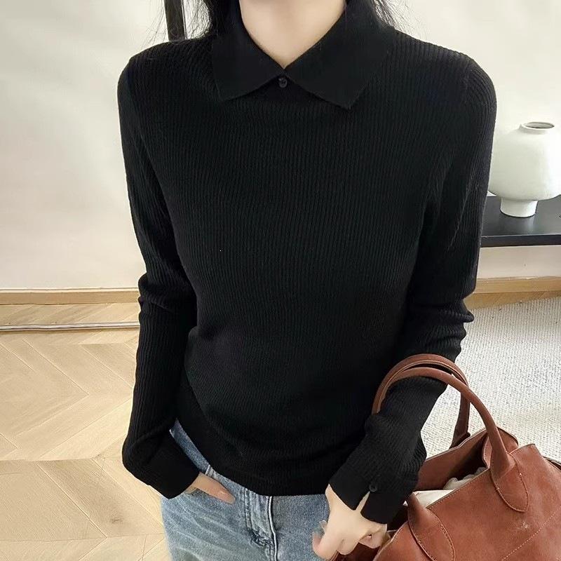 Grey Wool Knit Sweater with Lapel - Skin-friendly, Temperament-enhancing, Age-defying Women's Base Layer for Autumn and Winter