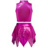Sparkly Sequins Asymmetric Skirt with Sleeveless Metallic Crop Top Mock Neck for Girls Jazz Dance Competition Show