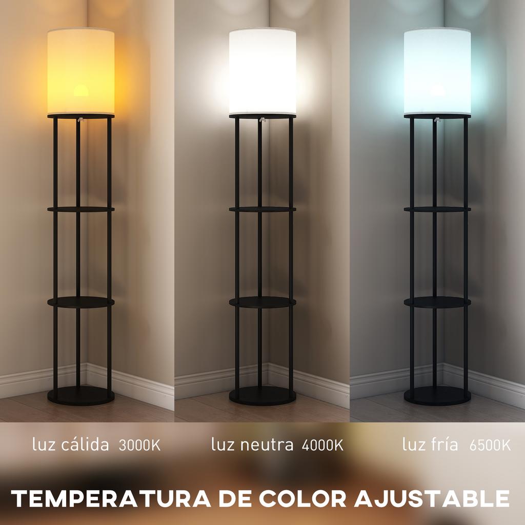 Floor Lamp, Shelves, 3 Color Temperatures, Remote Control, Black