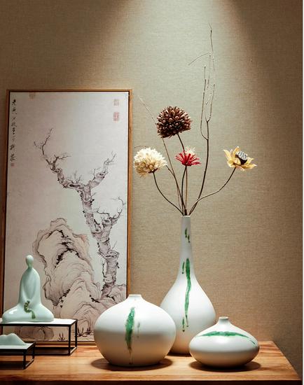 Zen Dried Flowers Vase Ornament for Dining Table, Entrance Hall, Living Room, or TV Cabinet