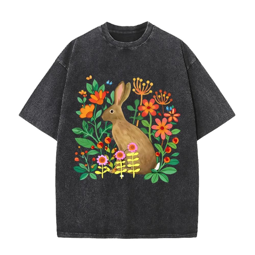 2026 Vintage Floral Wild Rabbit Butterfly Graphic Beige Washed T Shirt Countryside Garden Cute Animal Casual Oversized Unisex Sh