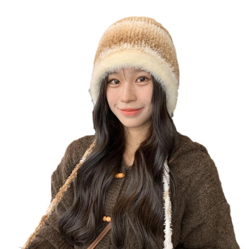 Winter Rabbit Hair New Rainbow Gradual Change Contrasting Color Ear Protector Wool Hat Women's Warm and Cold Plush Knitted Pullover Hat
