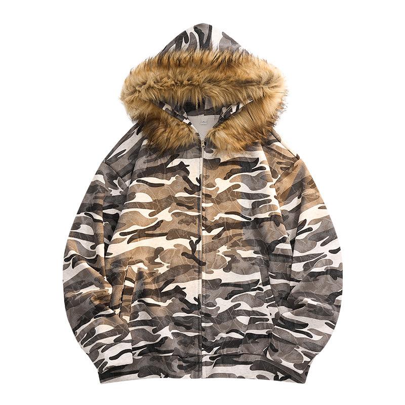 

Camouflage Fur Collar Hooded Jacket, Retro Loose and Versatile Casual Jacket XXXL сірий