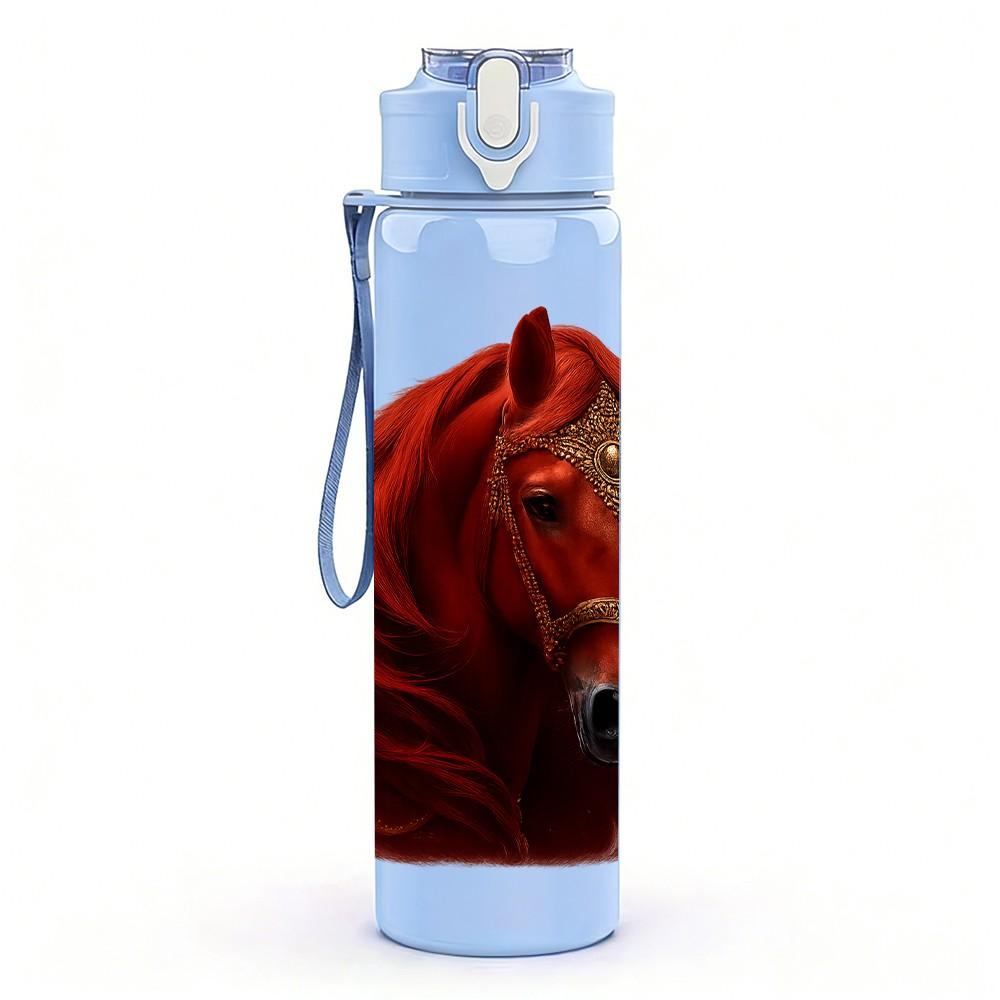 1PC Red Horse Head Portrait Print 750ml Color Plastic Sports Water Bottle Leakproof Flip Straw Lid Suitable for Sports Office Home Use