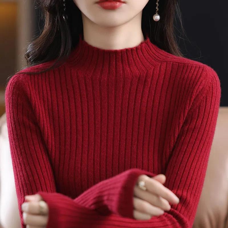 Solid Color Semi-turtleneck Bottoming Shirt Women's Inner High-end Sense Fashion Versatile Vertical Stripe Slim-fit Knitted Sweater Spring