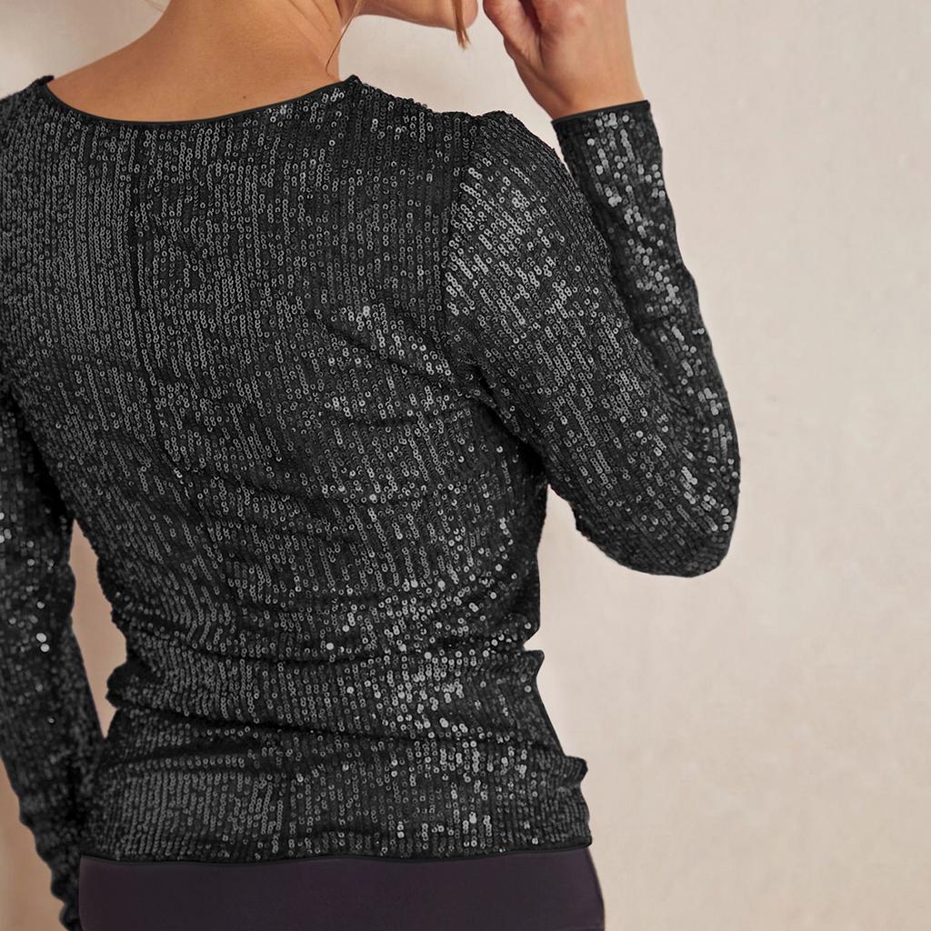 Women Long Sleeve Tops Sequins Basic Shirt Casual Pullover for Fall Club Streetwear Aesthetic Clothes