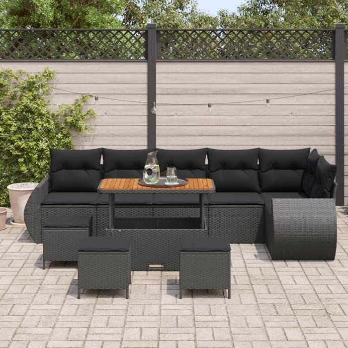 VidaXL Ensemble de Canapés de Jardin 10 Pièces avec Coussins Noir Poly Rattan Acacia 3361899