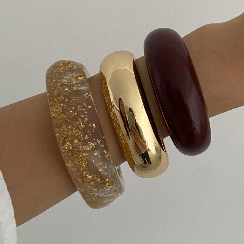 Fashion Transparent Gold Foil Irregular Resin Bracelet, Wind Metal Smooth Resin Wide Bracelet Women