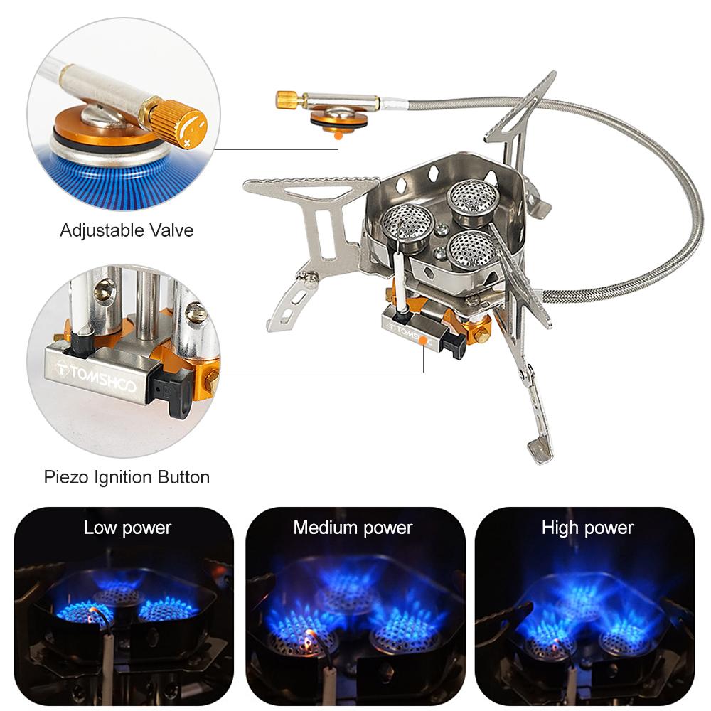 5800W Foldable Camping Gas Stove 3 Burners Piezo Ignition Lightweight Windproof Backpacking Stove Outdoor Cooking Stove