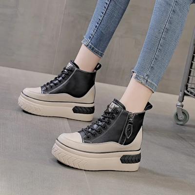 Fashion High Top Women Shoes Genuine Leather Platform Wedge Chunky Sneakers Casual Vulcanize Girl Walking Flats Shoes 8CM