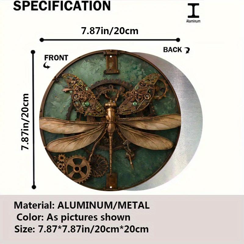 Steampunk Dragonfly Metal Wall Art, Vintage Aluminum Sign with Gears and Floral Accents, Rustic Bronze and Green Decorative