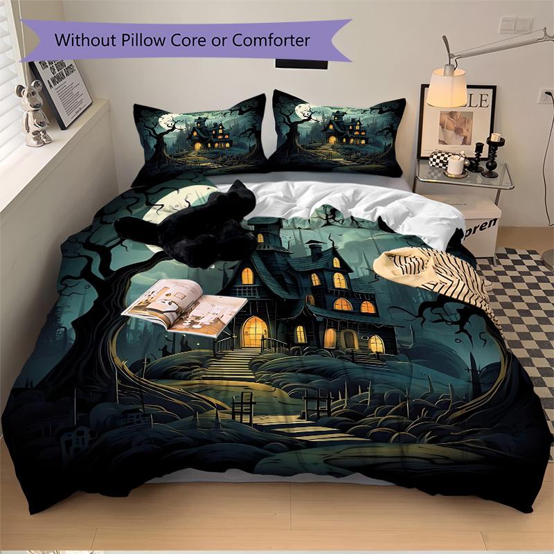 3pc Haunted House Moonlit Night Cover Set - 1 Quilt Cover + 2 Pillowcases, All Seasons Bedroom Setting, Perfect for Home068