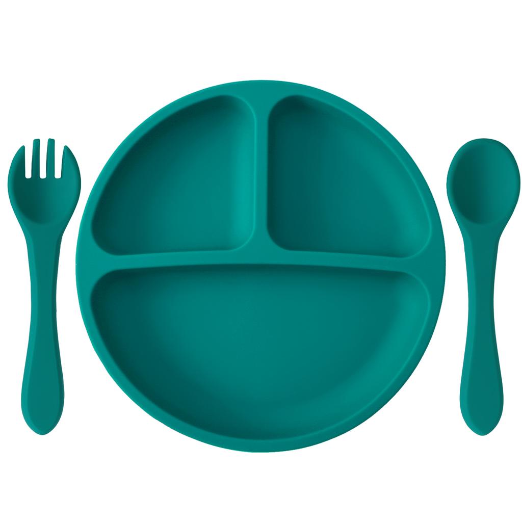 Color Kids 3PCS Silicone Baby Feeding Set Suction Plate Wooden Spoon Fork BPA Free Training Tableware Dish Bowl Gift Set