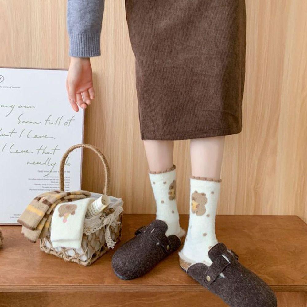 1Pair Cartoon Winter Socks Soft Middle Tube Socks Cute Floor Sleep Socks  for Woman Girls