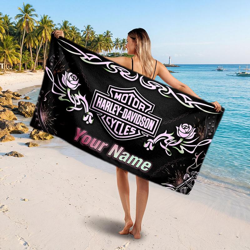 Asciugamano da Spiaggia Harley-Davidson con Testo Nome Personalizzato, Asciugamano Morbido Assorbente per Spiaggia Piscina Viaggio Regalo Personale