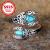S925 Sterling Silver Double-sided Teardrop Turquoise Open Rings for Women Ethnic Bohemian Style Adjustable Ring Jewelry Accessories