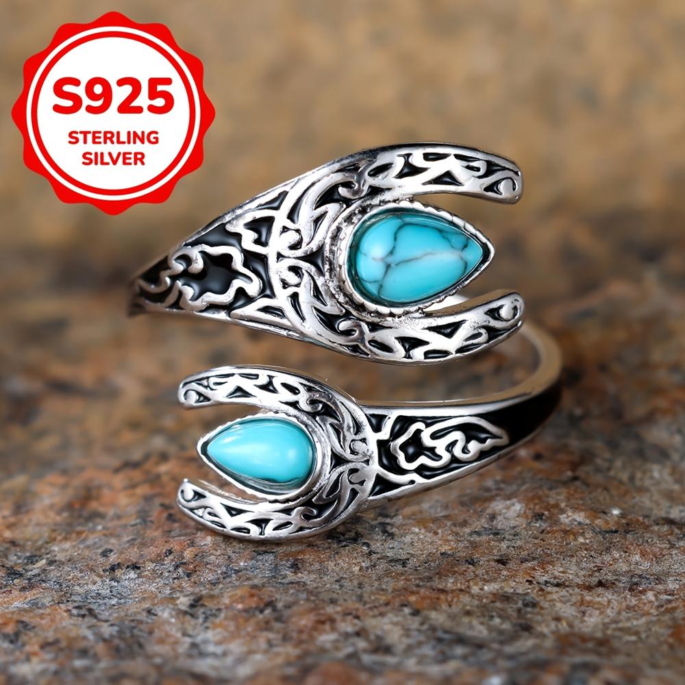 S925 Sterling Silver Double-sided Teardrop Turquoise Open Rings for Women Ethnic Bohemian Style Adjustable Ring Jewelry Accessories