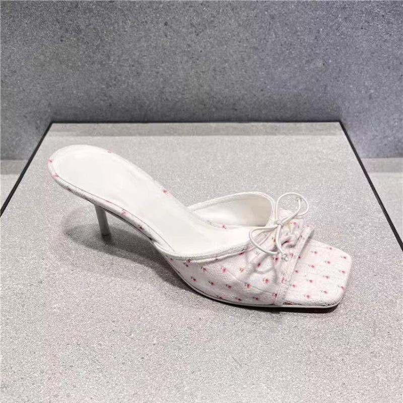 Fashion Summer 2025 New Comfortable Low Heel Square Head Sandals Sweet Bow Silk Thick Heel Slippers for Ladies Outwear Blue Slides